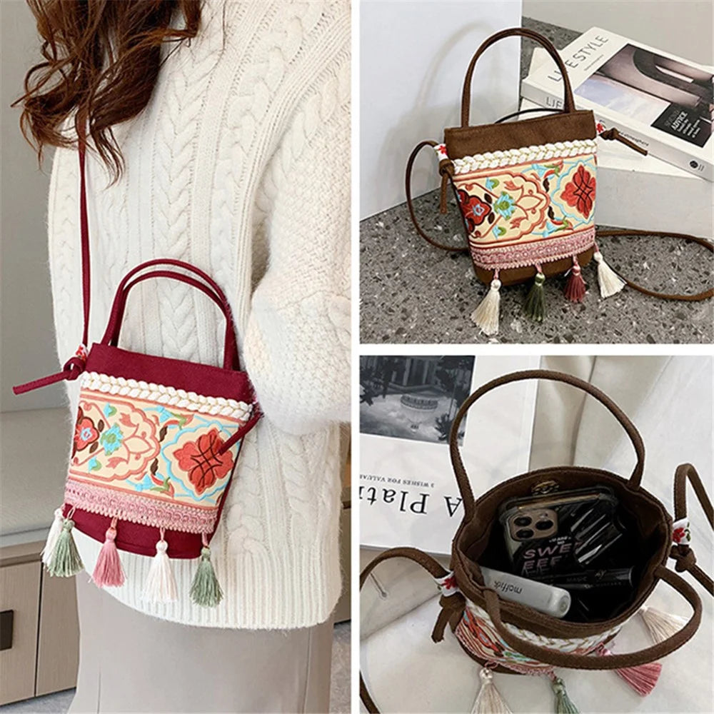 Women's Shoulder Bag Ethnic Style Canvas Crossbody Bag with Tassel Decoration Shopping Travel Handbag - Red - 6