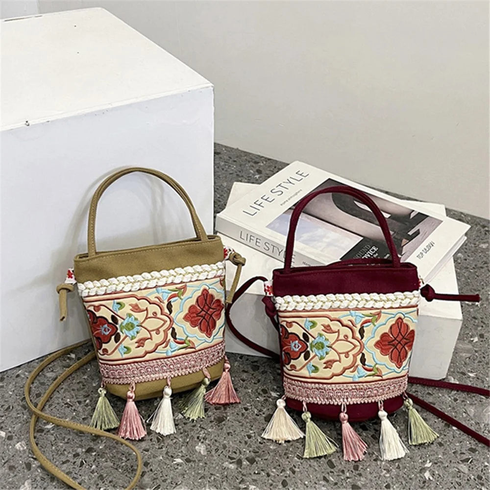 Women's Shoulder Bag Ethnic Style Canvas Crossbody Bag with Tassel Decoration Shopping Travel Handbag - Red - 7