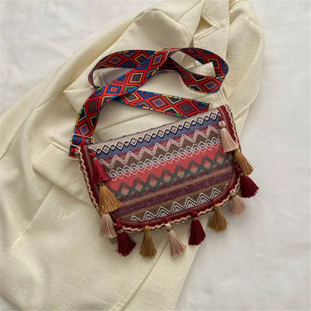 Canvas Shoulder Bag Ethnic Style Women's Crossbody Bag with Tassel Decoration for Shopping, Vacation - Red - 1