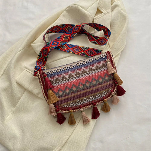 Canvas Shoulder Bag Ethnic Style Women's Crossbody Bag with Tassel Decoration for Shopping, Vacation - Red - 1