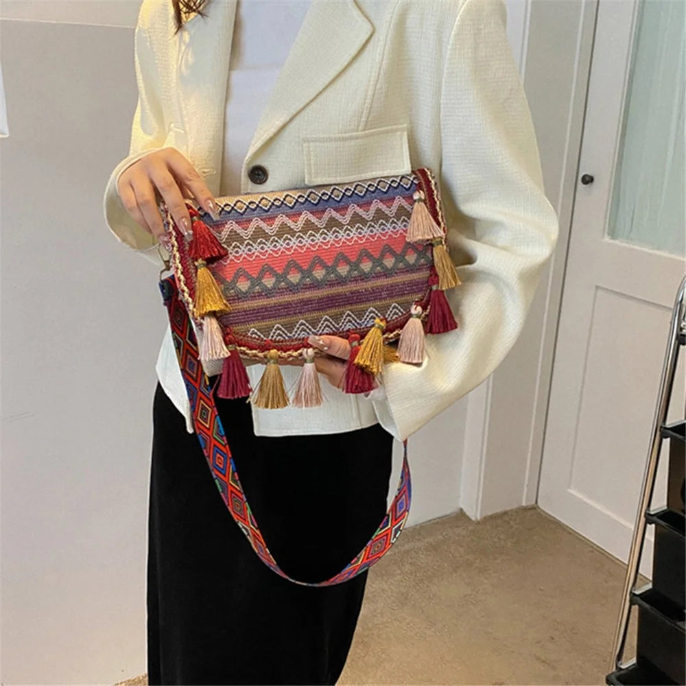 Canvas Shoulder Bag Ethnic Style Women's Crossbody Bag with Tassel Decoration for Shopping, Vacation - Red - 2