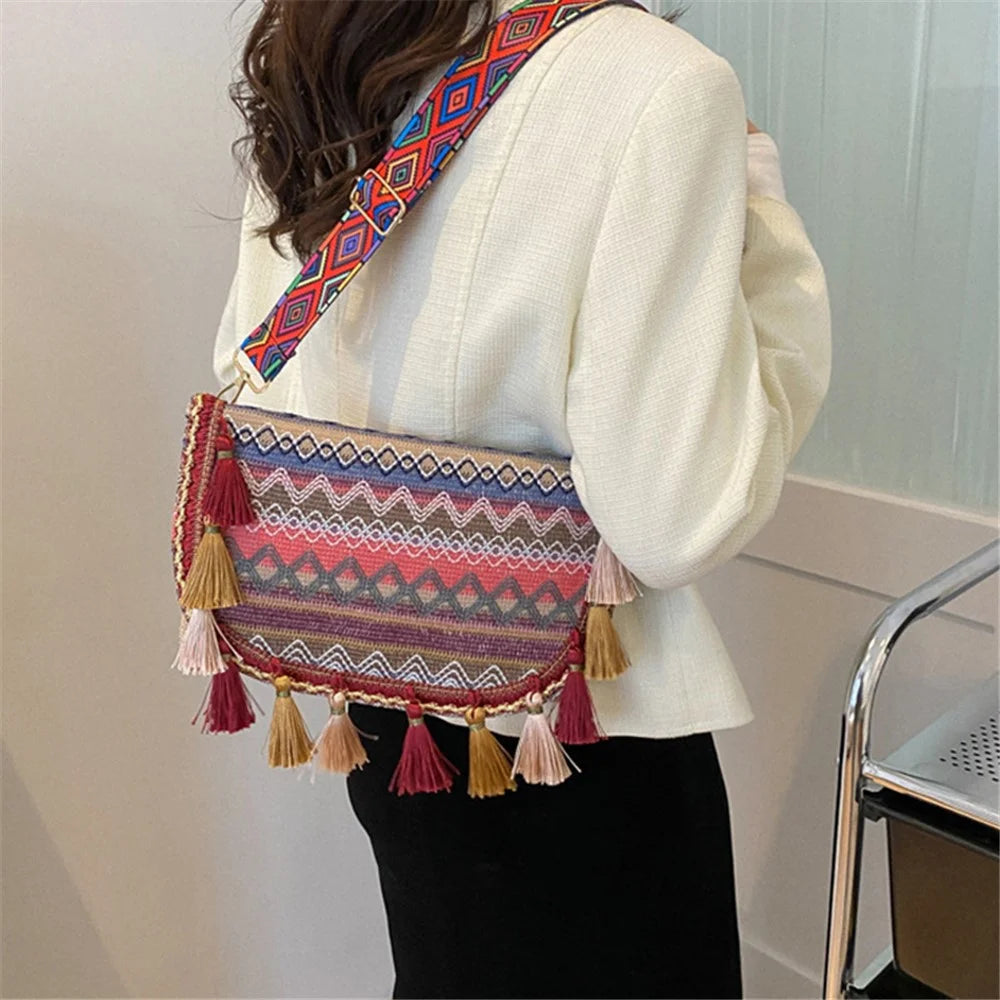 Canvas Shoulder Bag Ethnic Style Women's Crossbody Bag with Tassel Decoration for Shopping, Vacation - Red - 3