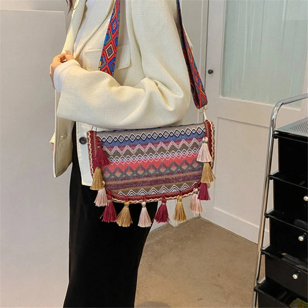 Canvas Shoulder Bag Ethnic Style Women's Crossbody Bag with Tassel Decoration for Shopping, Vacation - Red - 5