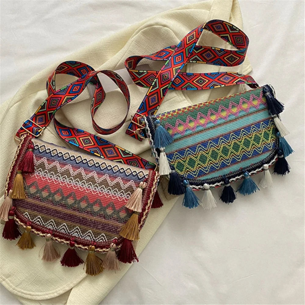 Canvas Shoulder Bag Ethnic Style Women's Crossbody Bag with Tassel Decoration for Shopping, Vacation - Red - 6