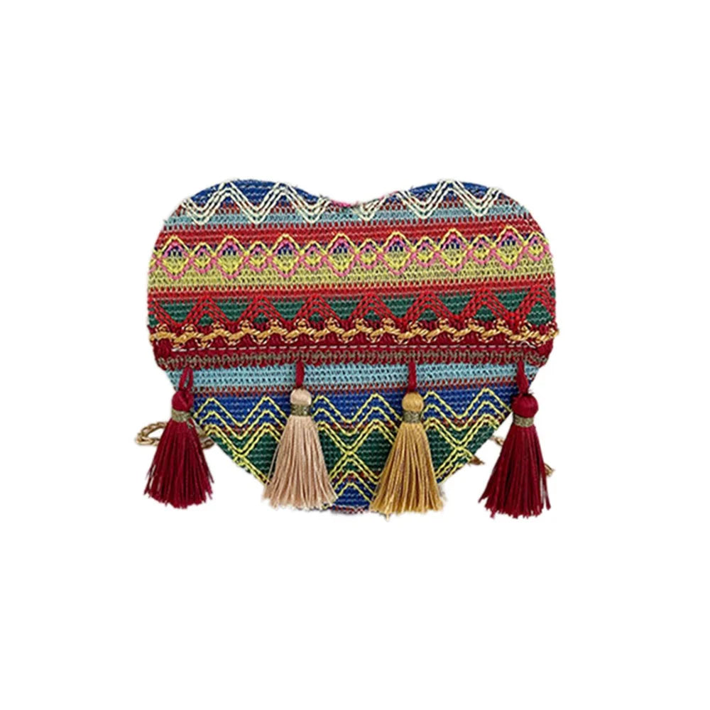 Heart-Shaped Chain Strap Shoulder Bag Ethnic Style Women's Knitted Crossbody Bag with Tassel Decoration - Blue - 1