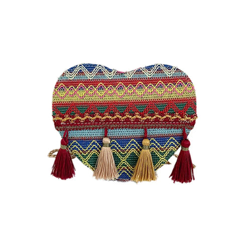 Heart-Shaped Chain Strap Shoulder Bag Ethnic Style Women's Knitted Crossbody Bag with Tassel Decoration - Blue - 1