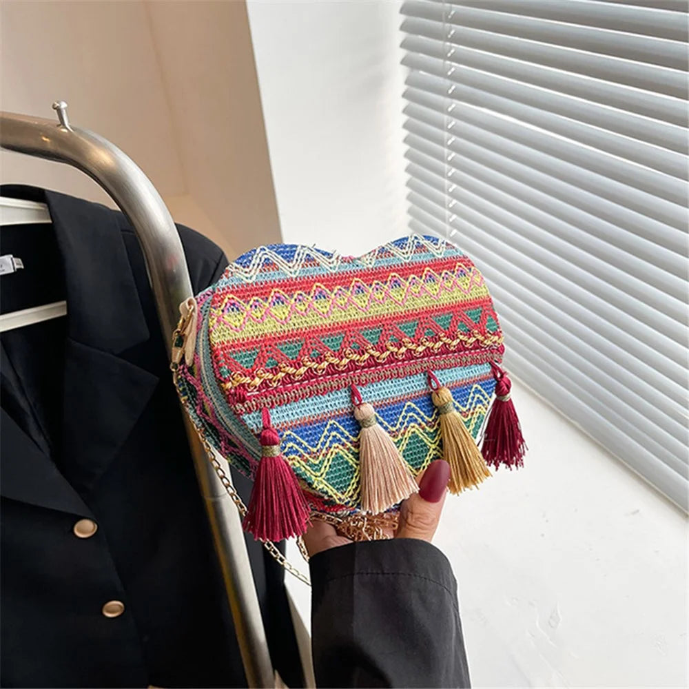 Heart-Shaped Chain Strap Shoulder Bag Ethnic Style Women's Knitted Crossbody Bag with Tassel Decoration - Blue - 6