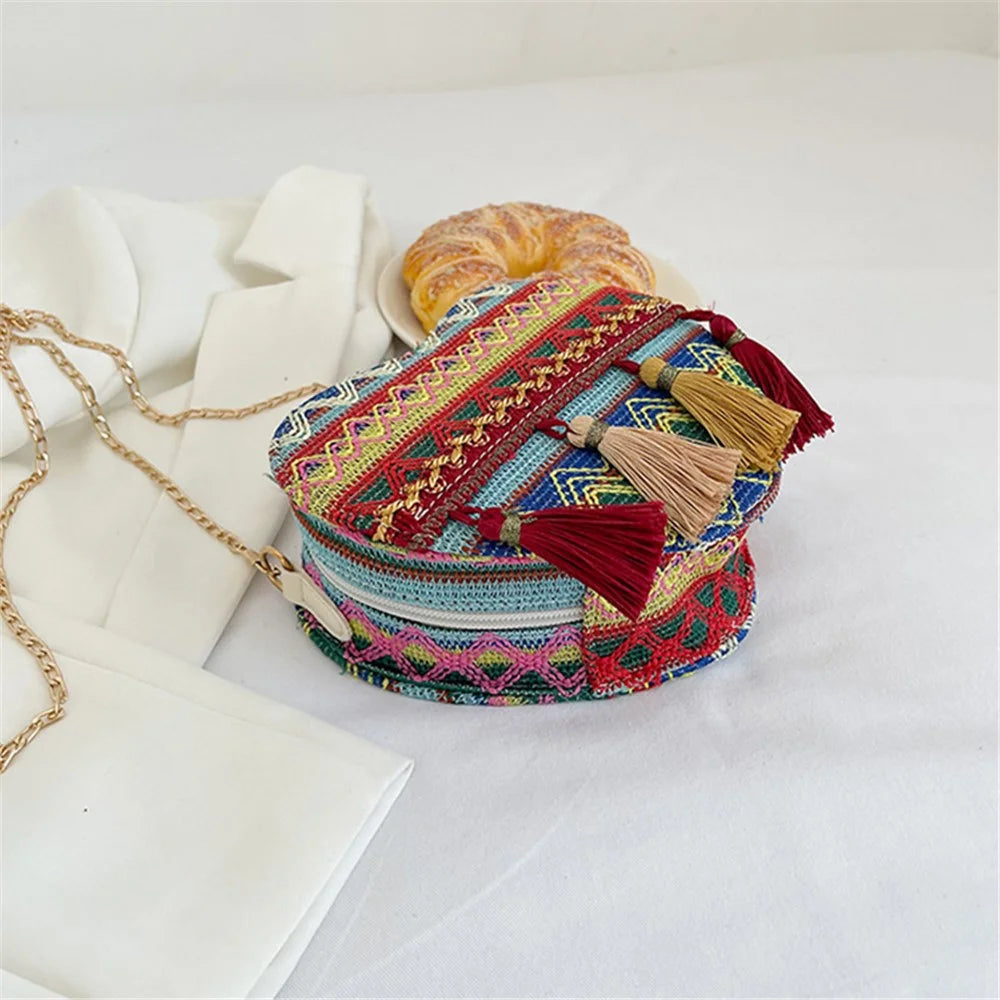 Heart-Shaped Chain Strap Shoulder Bag Ethnic Style Women's Knitted Crossbody Bag with Tassel Decoration - Blue - 7