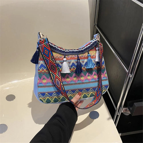 Teen Girl's Shoulder Bag Women's Ethnic Style Knitted Crossbody Bag Tassel Decoration Daypack - Blue - 1