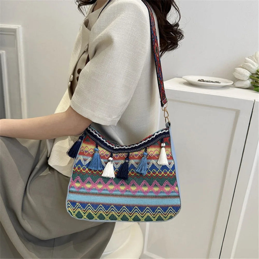 Teen Girl's Shoulder Bag Women's Ethnic Style Knitted Crossbody Bag Tassel Decoration Daypack - Blue - 2