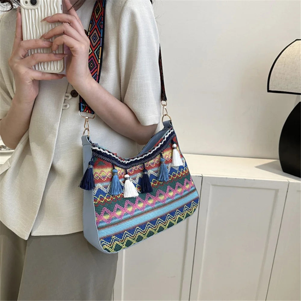Teen Girl's Shoulder Bag Women's Ethnic Style Knitted Crossbody Bag Tassel Decoration Daypack - Blue - 3