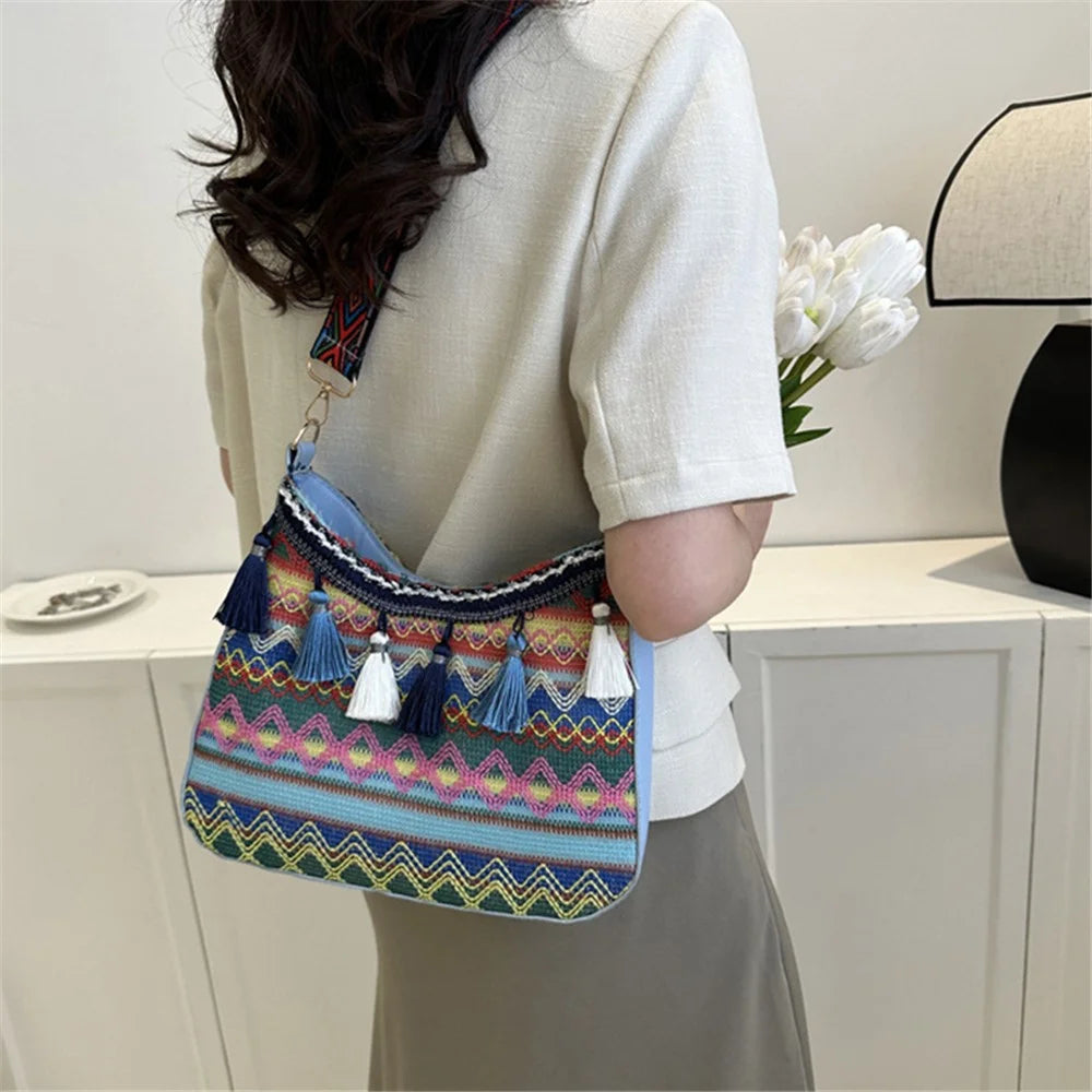 Teen Girl's Shoulder Bag Women's Ethnic Style Knitted Crossbody Bag Tassel Decoration Daypack - Blue - 4