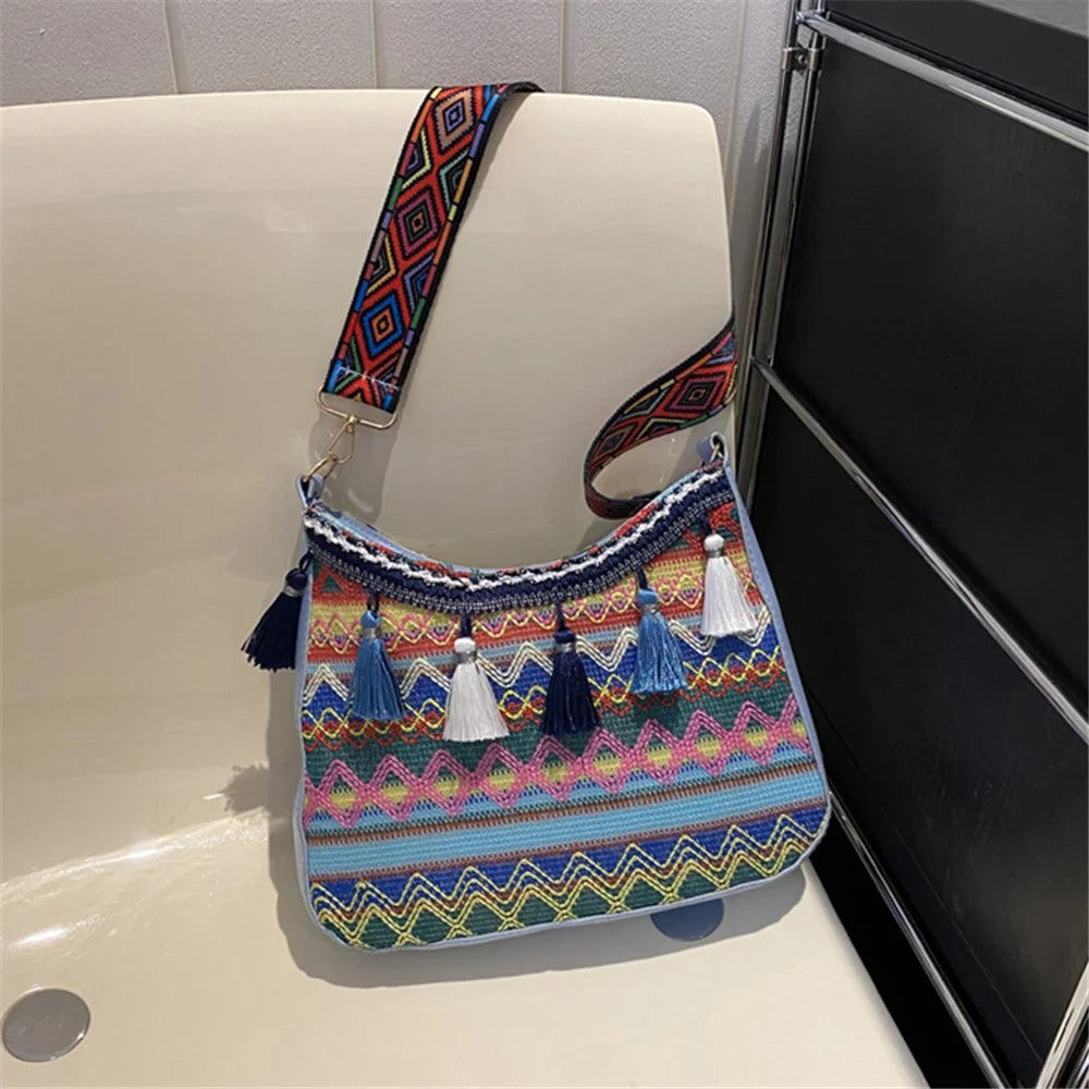 Teen Girl's Shoulder Bag Women's Ethnic Style Knitted Crossbody Bag Tassel Decoration Daypack - Blue - 5