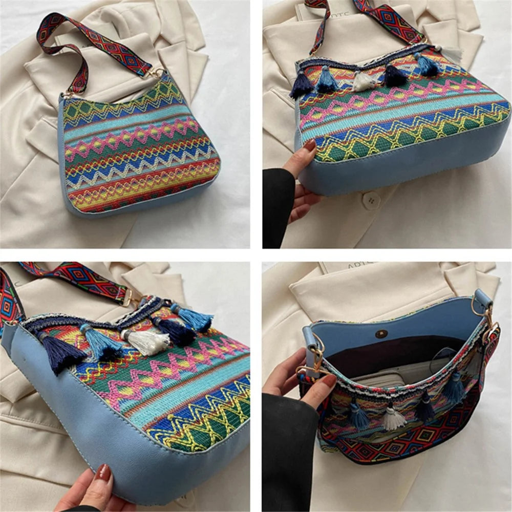 Teen Girl's Shoulder Bag Women's Ethnic Style Knitted Crossbody Bag Tassel Decoration Daypack - Blue - 6