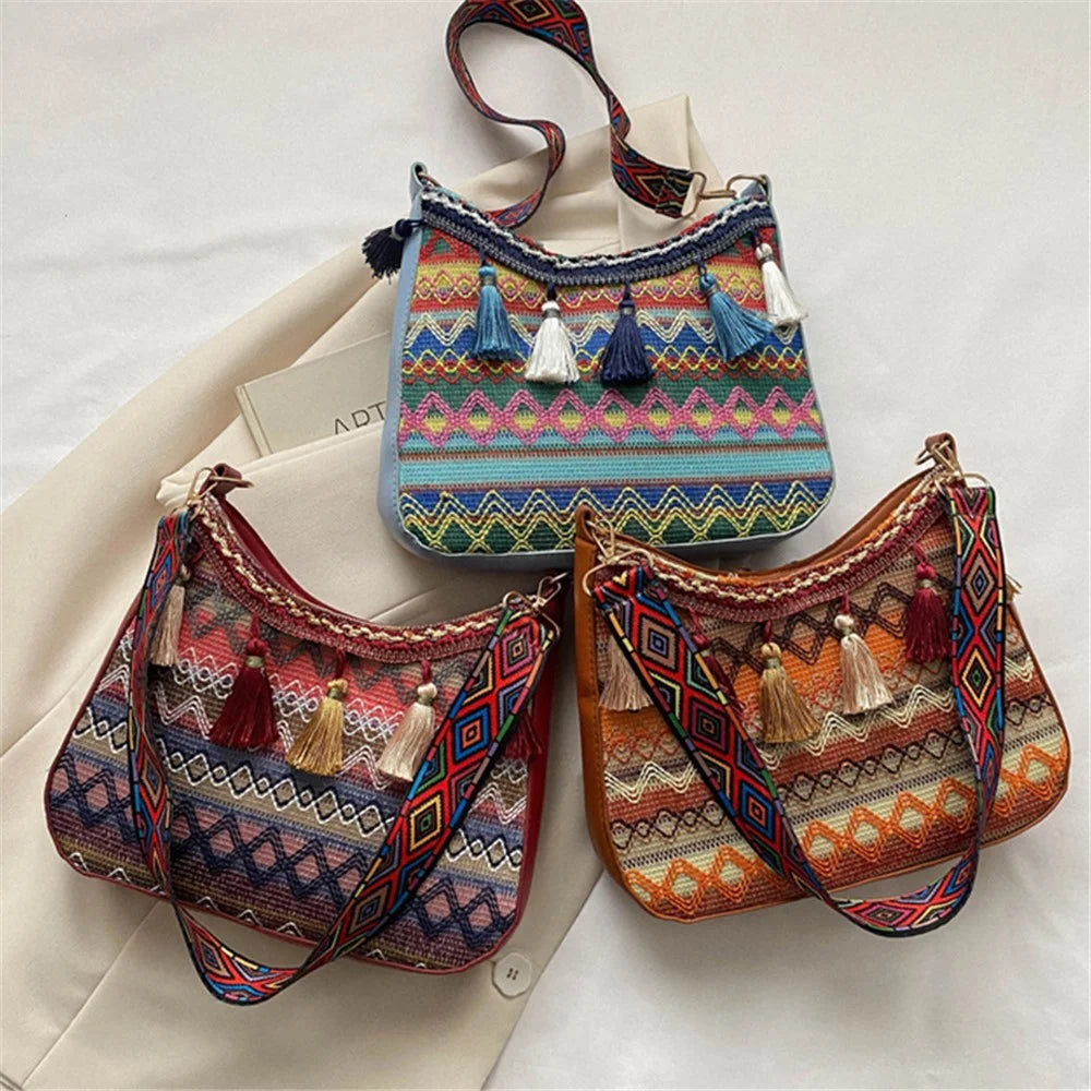 Teen Girl's Shoulder Bag Women's Ethnic Style Knitted Crossbody Bag Tassel Decoration Daypack - Blue - 7