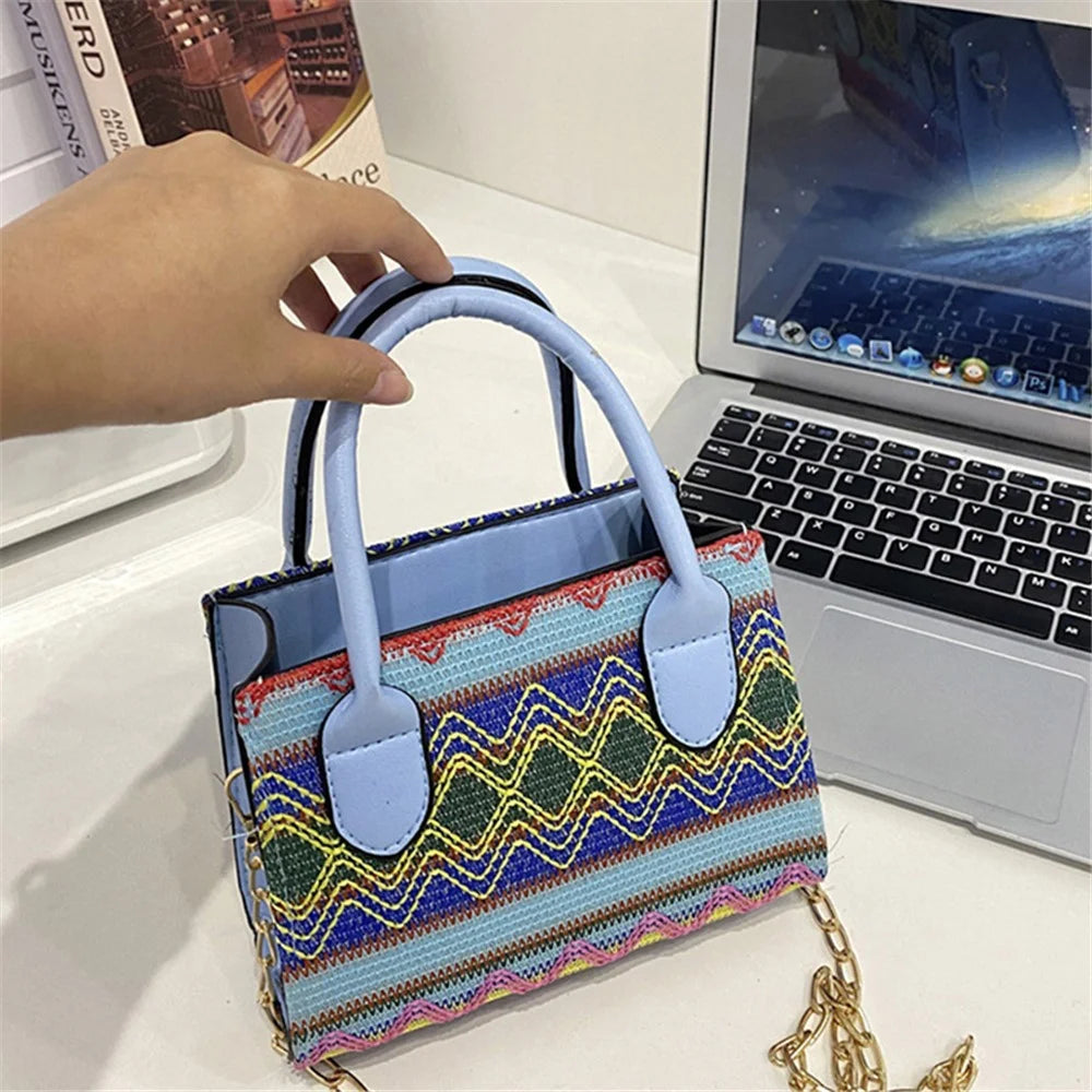 Women's Knitted Tote Crossbody Shoulder Bag Ethnic Style Satchel Handbag Messenger Purse - Lake Blue - 1