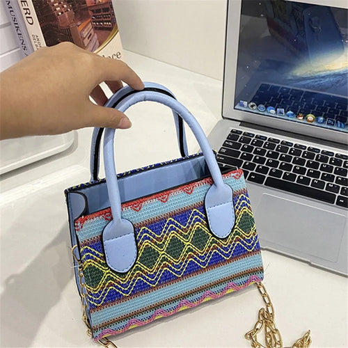 Women's Knitted Tote Crossbody Shoulder Bag Ethnic Style Satchel Handbag Messenger Purse - Lake Blue - 1