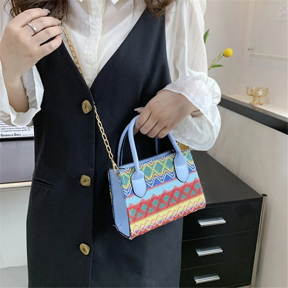 Women's Knitted Tote Crossbody Shoulder Bag Ethnic Style Satchel Handbag Messenger Purse - Lake Blue - 2