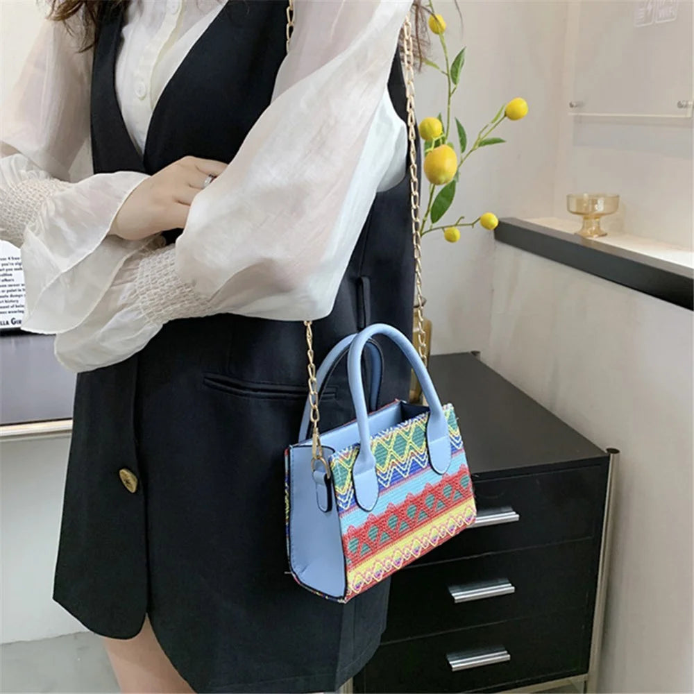 Women's Knitted Tote Crossbody Shoulder Bag Ethnic Style Satchel Handbag Messenger Purse - Lake Blue - 3