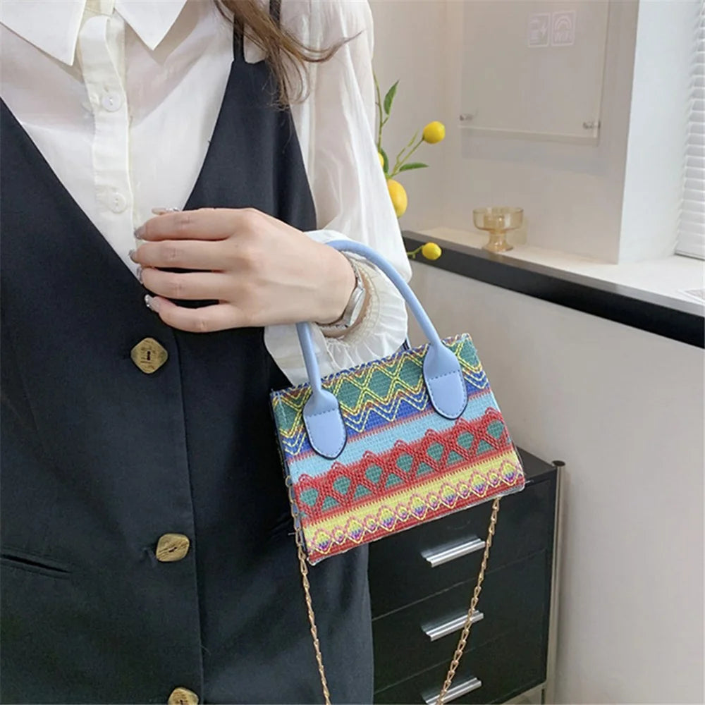 Women's Knitted Tote Crossbody Shoulder Bag Ethnic Style Satchel Handbag Messenger Purse - Lake Blue - 4
