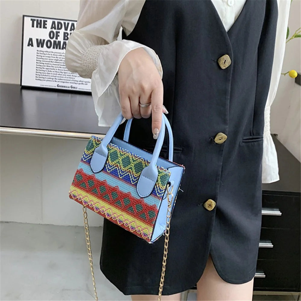 Women's Knitted Tote Crossbody Shoulder Bag Ethnic Style Satchel Handbag Messenger Purse - Lake Blue - 5