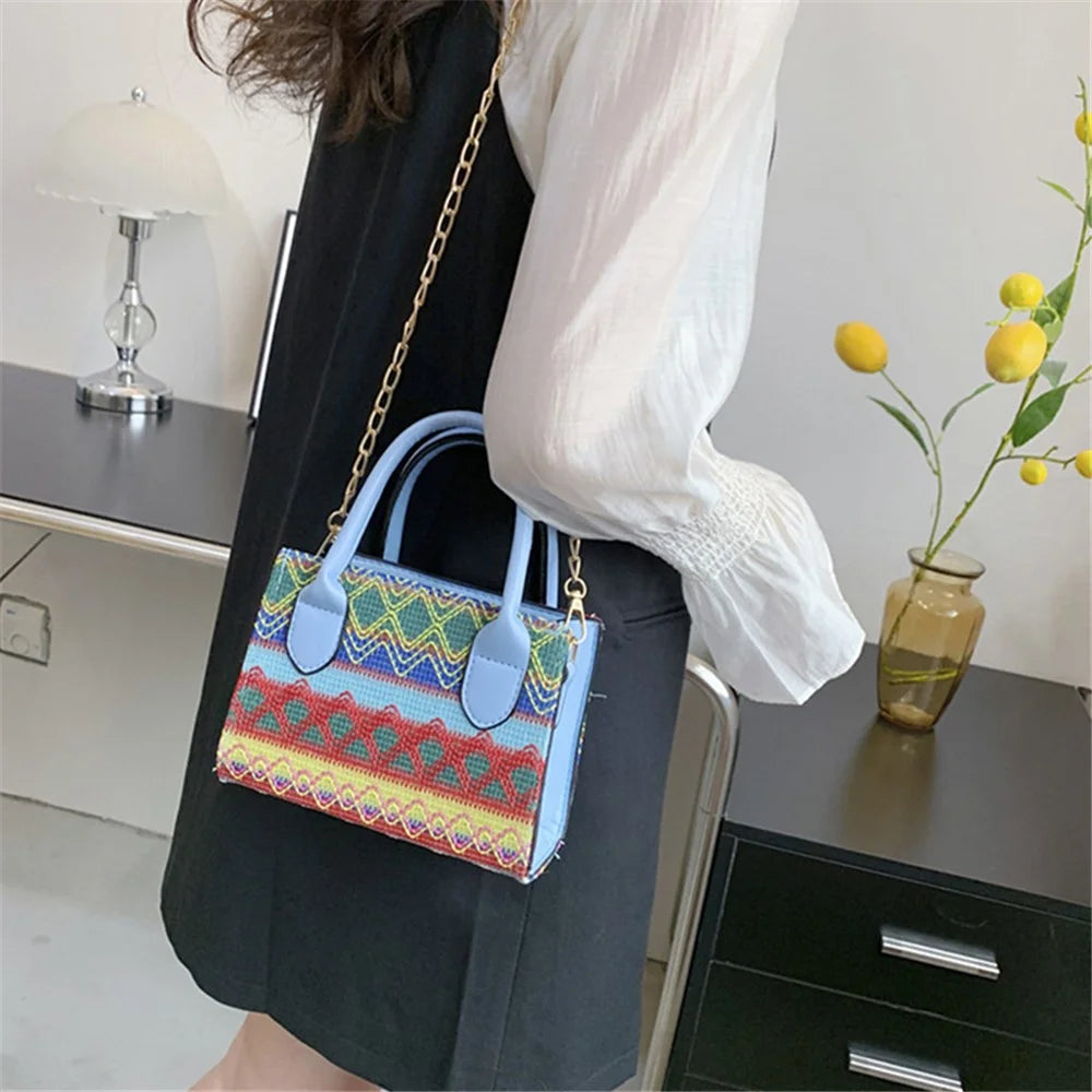 Women's Knitted Tote Crossbody Shoulder Bag Ethnic Style Satchel Handbag Messenger Purse - Lake Blue - 6