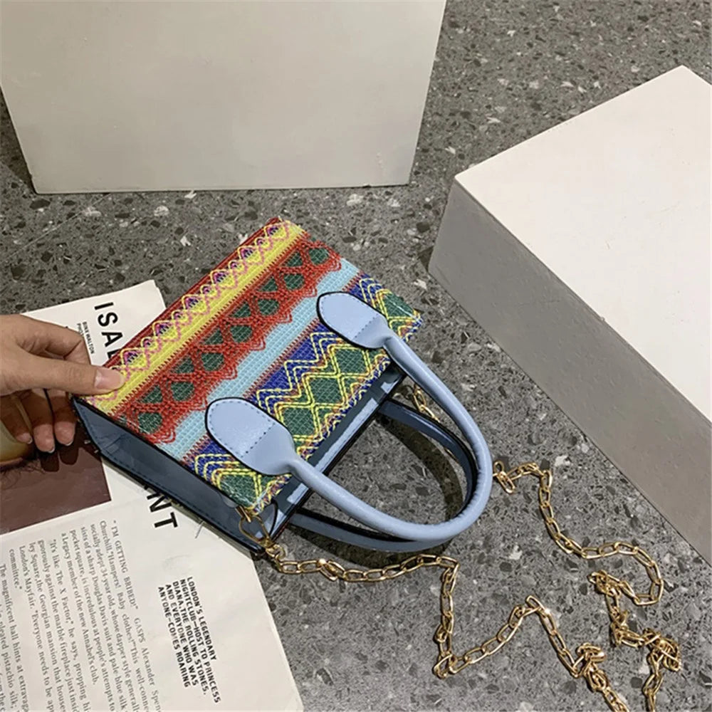 Women's Knitted Tote Crossbody Shoulder Bag Ethnic Style Satchel Handbag Messenger Purse - Lake Blue - 7