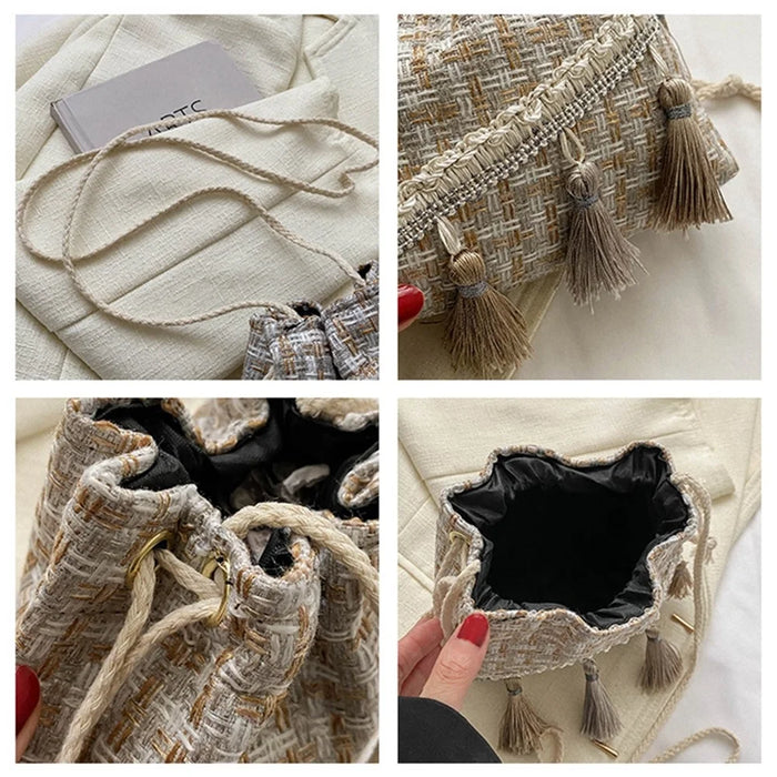 Knitted Shoulder Bag Ethnic Style Women's Crossbody Bag with Tassel Decoration for Shopping, Vacation - Khaki - 6
