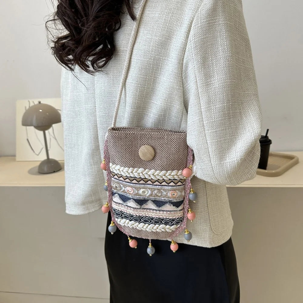 Canvas Shoulder Bag Teen Girls Ethnic Style Crossbody Bag Travel Shopping Purse Bag for Women - 5