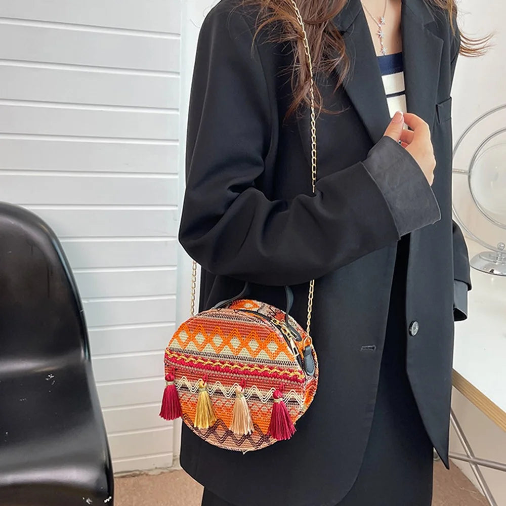 Teen Girl's Ethnic Style Circular Crossbody Purse Phone Storage Purse Canvas Shoulder Bag Tote Handbag for Women - Style B - 2