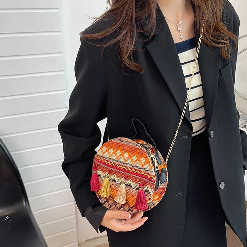 Teen Girl's Ethnic Style Circular Crossbody Purse Phone Storage Purse Canvas Shoulder Bag Tote Handbag for Women - Style B - 3