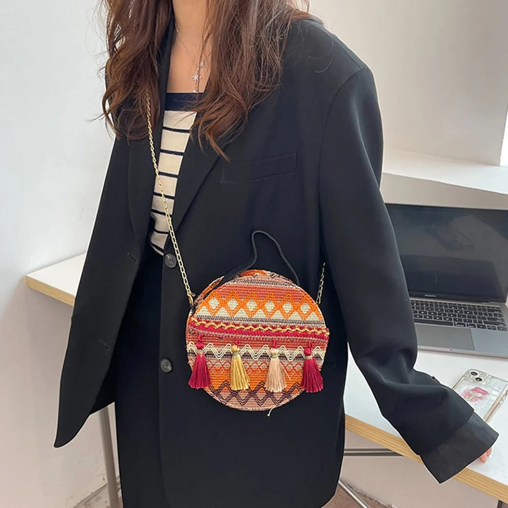 Teen Girl's Ethnic Style Circular Crossbody Purse Phone Storage Purse Canvas Shoulder Bag Tote Handbag for Women - Style B - 4