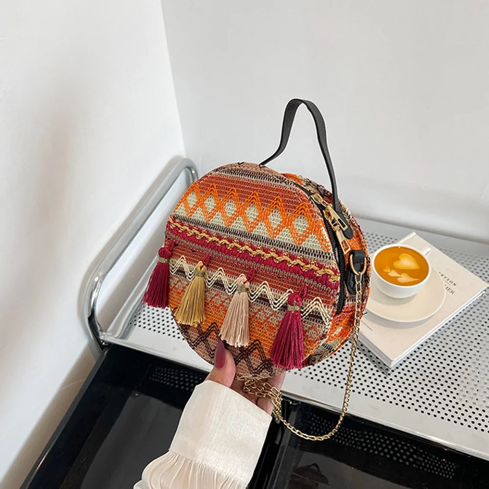 Teen Girl's Ethnic Style Circular Crossbody Purse Phone Storage Purse Canvas Shoulder Bag Tote Handbag for Women - Style B - 5