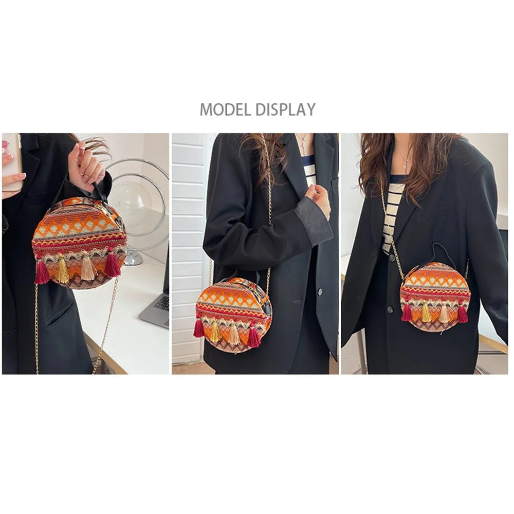 Teen Girl's Ethnic Style Circular Crossbody Purse Phone Storage Purse Canvas Shoulder Bag Tote Handbag for Women - Style B - 6