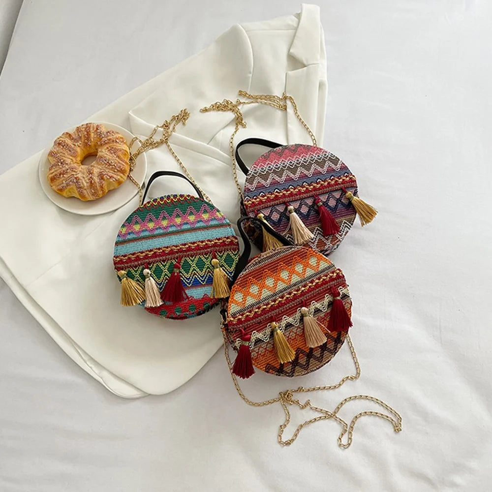 Teen Girl's Ethnic Style Circular Crossbody Purse Phone Storage Purse Canvas Shoulder Bag Tote Handbag for Women - Style B - 7