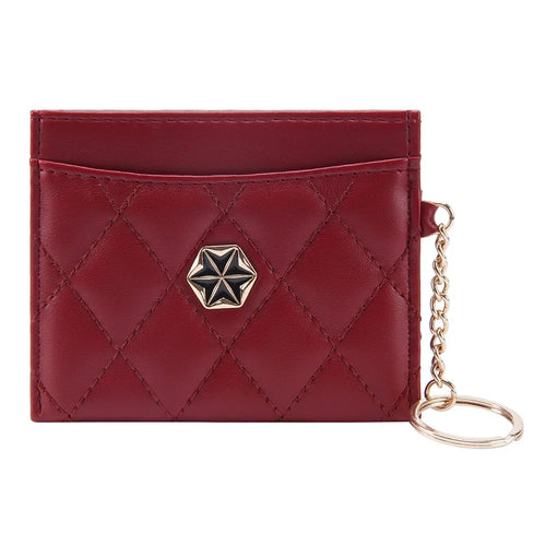 BAELLERRY K1913 Rhombus Quilted PU Leather Women Coin Purse Card Bag with Metal Ring Buckle - Wine Red - 1