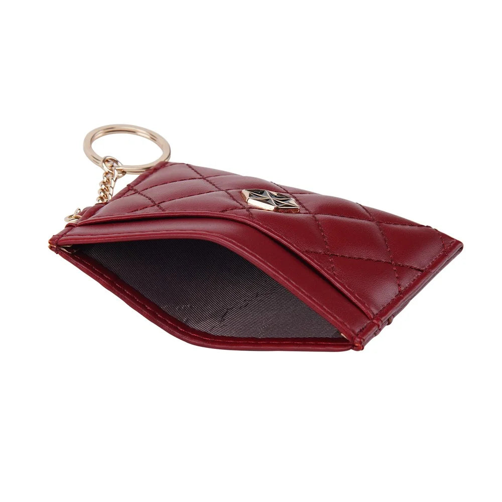 BAELLERRY K1913 Rhombus Quilted PU Leather Women Coin Purse Card Bag with Metal Ring Buckle - Wine Red - 4