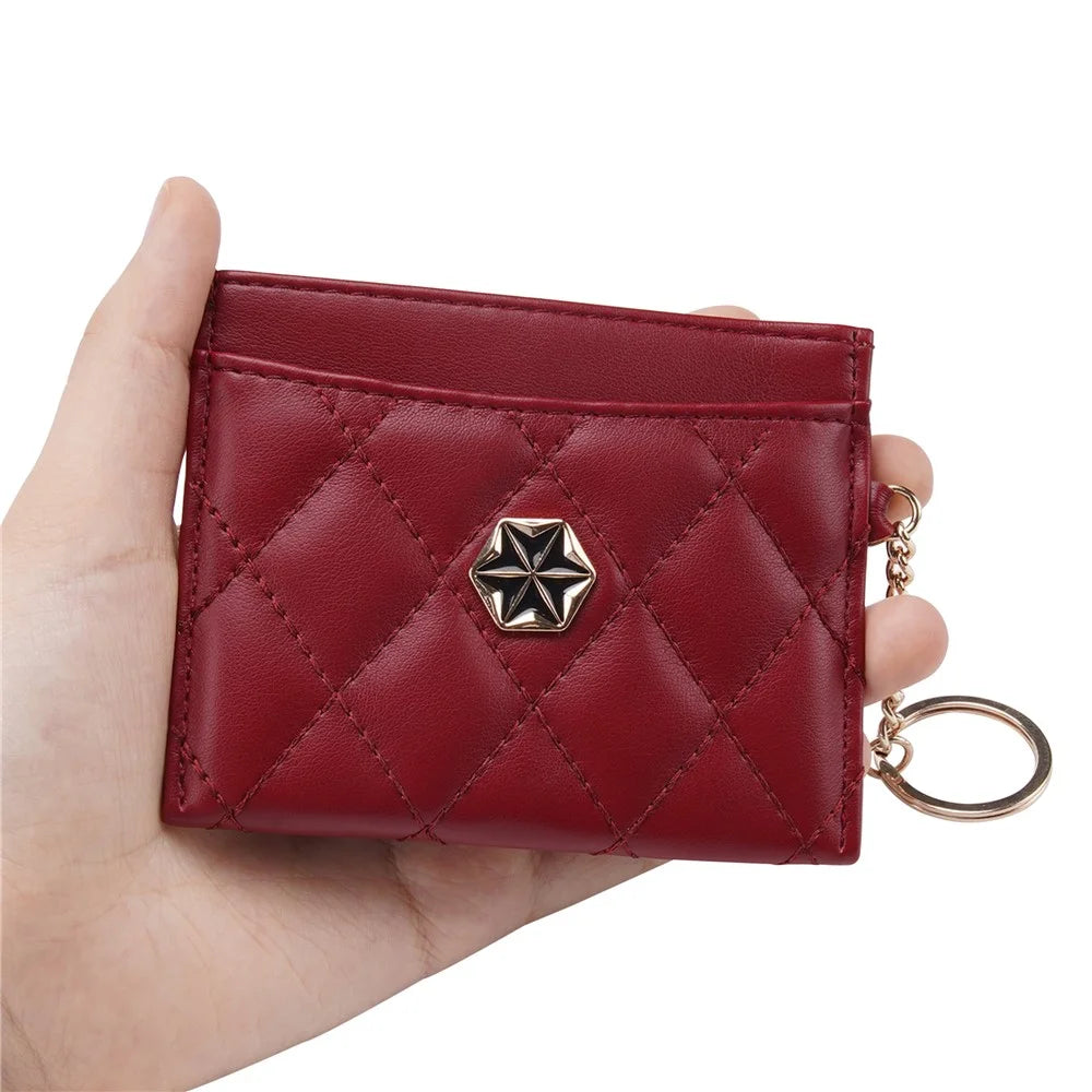 BAELLERRY K1913 Rhombus Quilted PU Leather Women Coin Purse Card Bag with Metal Ring Buckle - Wine Red - 6