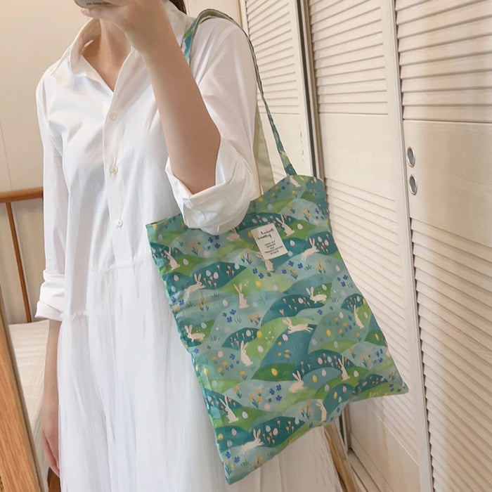 Pattern Printing Cotton+Canvas Bag Large Capacity Shoulder Bag for Shopping Office School - Green / Rabbit - 1