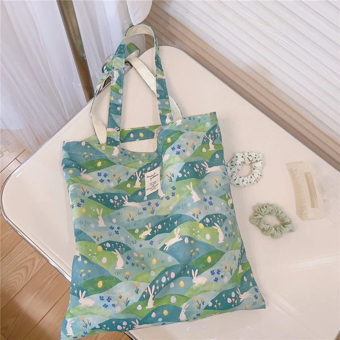 Pattern Printing Cotton+Canvas Bag Large Capacity Shoulder Bag for Shopping Office School - Green / Rabbit - 2