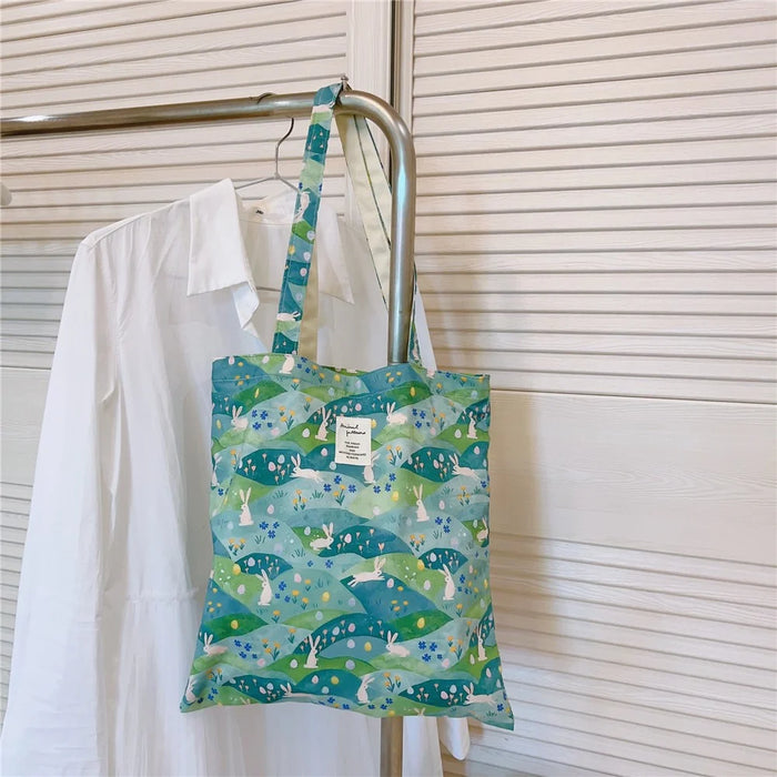 Pattern Printing Cotton+Canvas Bag Large Capacity Shoulder Bag for Shopping Office School - Green / Rabbit - 4