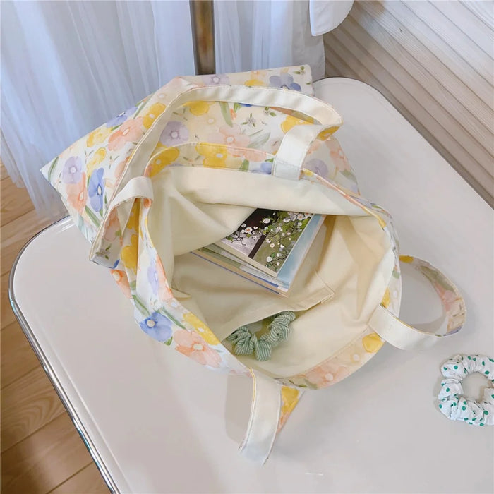 Pattern Printing Cotton+Canvas Bag Large Capacity Shoulder Bag for Shopping Office School - Green / Rabbit - 5
