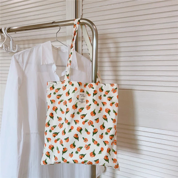 Floral Pattern Cotton+Canvas Bag Large Capacity Women Shoulder Bag for Shopping Office School - White / Orange Small Flower - 2