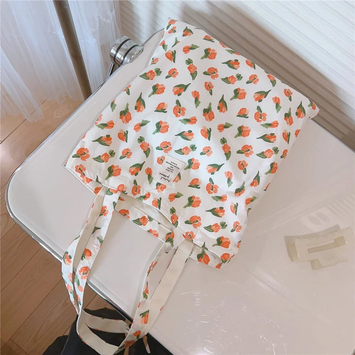 Floral Pattern Cotton+Canvas Bag Large Capacity Women Shoulder Bag for Shopping Office School - White / Orange Small Flower - 3