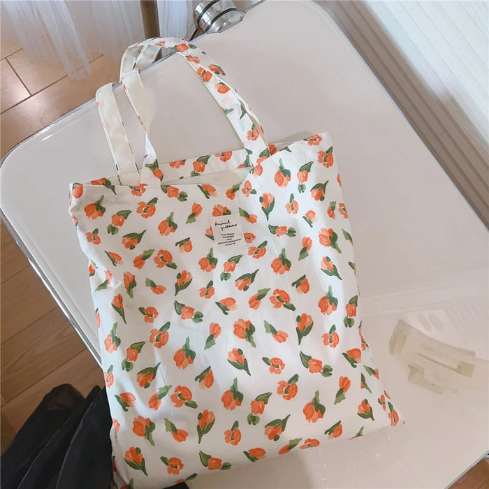 Floral Pattern Cotton+Canvas Bag Large Capacity Women Shoulder Bag for Shopping Office School - White / Orange Small Flower - 4