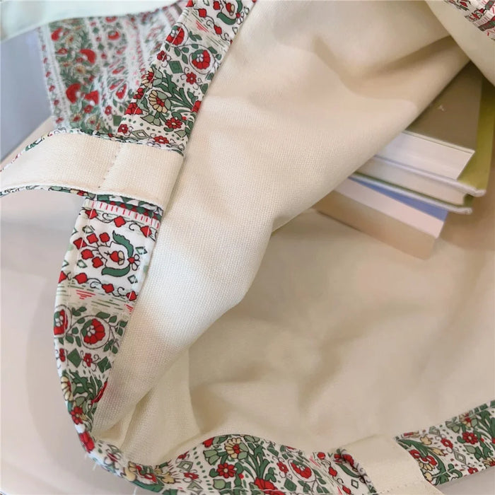 Floral Pattern Cotton+Canvas Bag Large Capacity Women Shoulder Bag for Shopping Office School - White / Orange Small Flower - 5