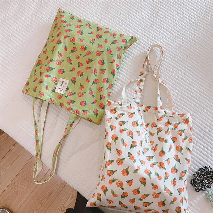 Floral Pattern Cotton+Canvas Bag Large Capacity Women Shoulder Bag for Shopping Office School - White / Orange Small Flower - 6