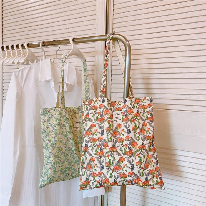 Floral Pattern Cotton+Canvas Bag Large Capacity Women Shoulder Bag for Shopping Office School - White / Orange Small Flower - 7