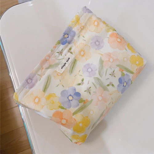Canvas Clutch Bag Flower Pattern Travel Toiletry Cosmetic Storage Bag - Yellow Orange Flower - 1