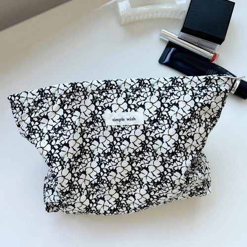 Makeup Bag Pattern Printing Zipper Canvas Bag Pouch for Travel Toiletry Cosmetic - Black / White Flower - 1